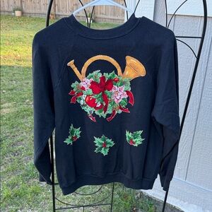90’s Hanes DIY Black Sweater with Festive Horn and Holly Design